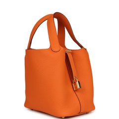 Pre-owned Hermes Picotin Lock 18 Orange Clemence Gold Hardware