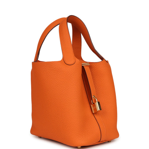 Pre-owned Hermes Picotin Lock 18 Orange Clemence Gold Hardware