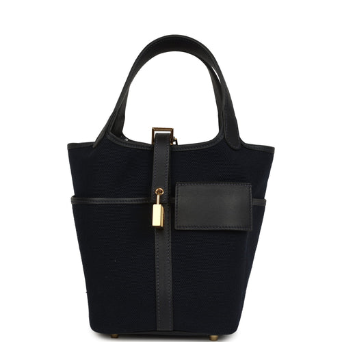 Hermes Picotin Cargo 18 Bleu Marine Swift and Toile Canvas Gold Hardware