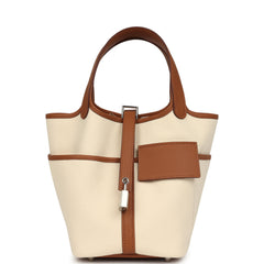 Hermes Picotin Cargo 18 Ecru Toile Canvas and Gold Swift Palladium Hardware