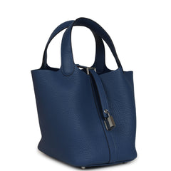 Hermes Picotin Lock 18 Bleu Tie Clemence Palladium Hardware