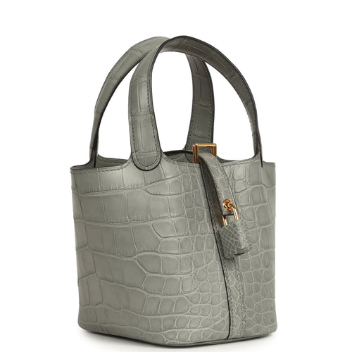 Hermes Micro Picotin Lock 14 Gris Ciment Matte Alligator Gold Hardware