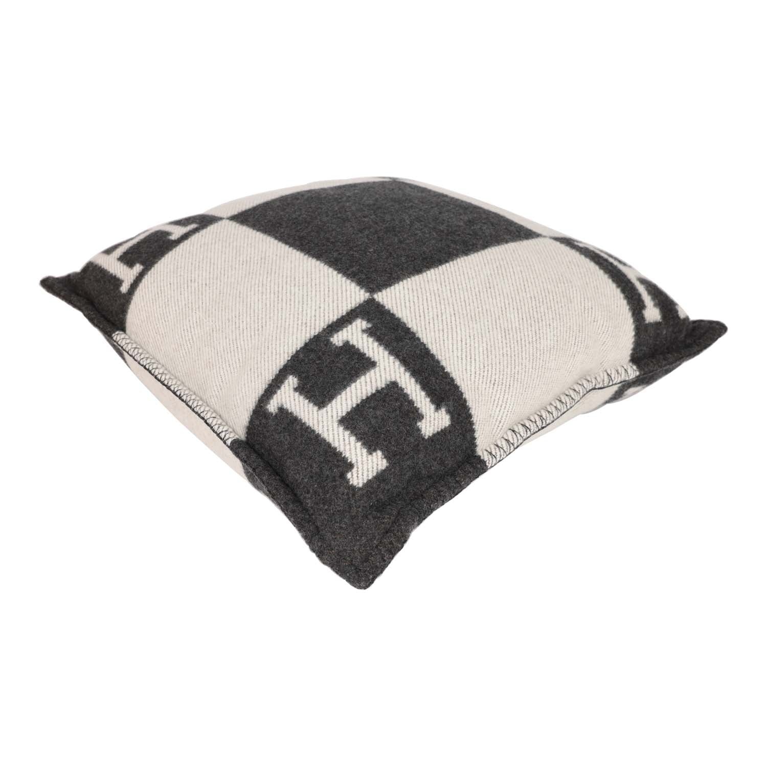 Hermes "Avalon" Ecru/Gris Fonce Signature H Cushion PM Set of two Madison Avenue Couture