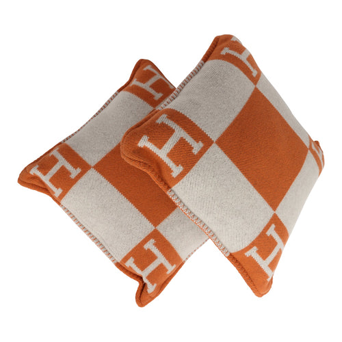 Hermes "Avalon" Ecru and Potiron Signature H Pillow PM Set of Two