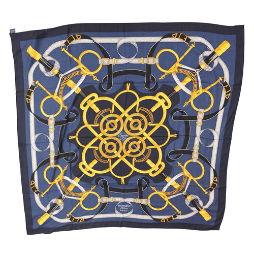 Hermes "Eperon d'Or" Marine/Black/Orange/Gris Silk & Cashmere Cashmere and Silk Shawl Scarf 140cm