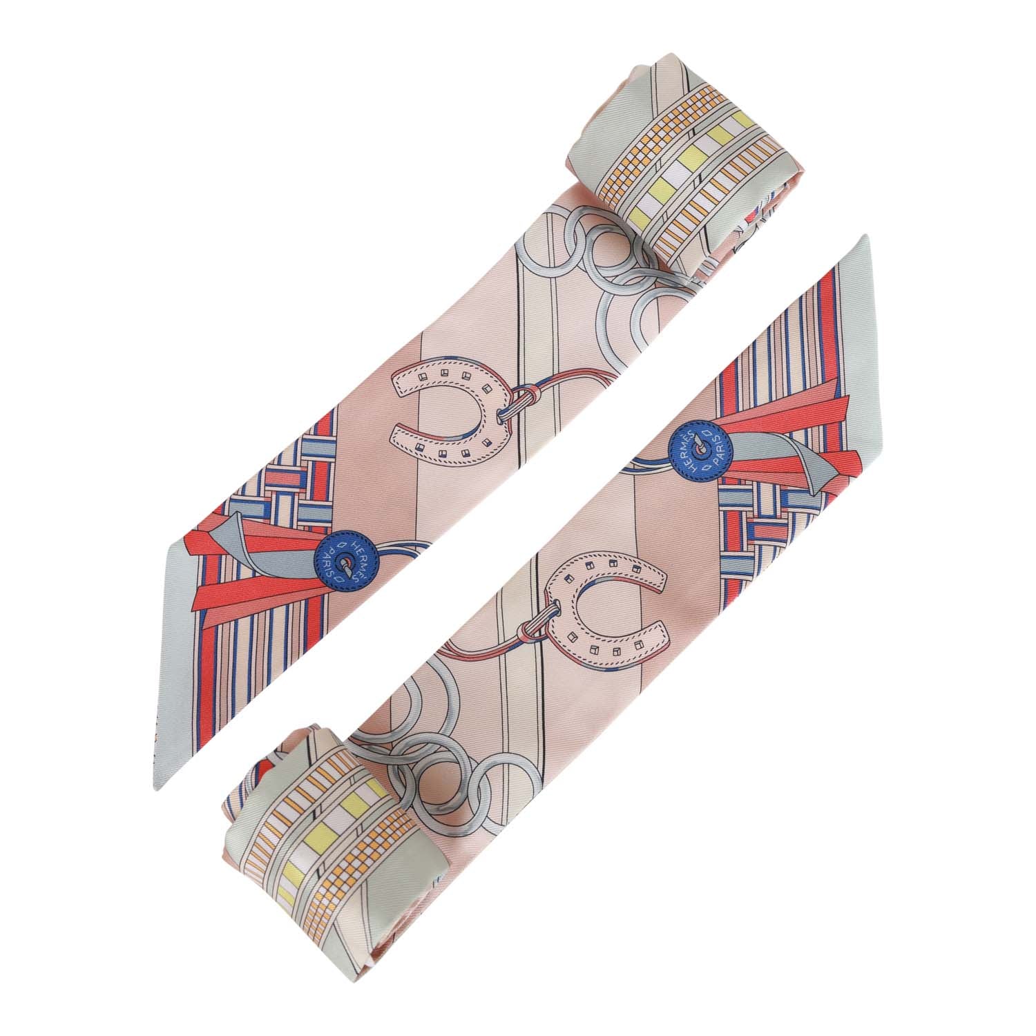 HERMES Twilly Brides et Gris Gris Horse Toughness and Charm silk stripe scarf Orange