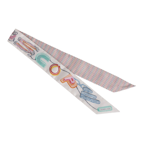 Hermes "Chevaloscope Pointille" White Silk Twilly Pair