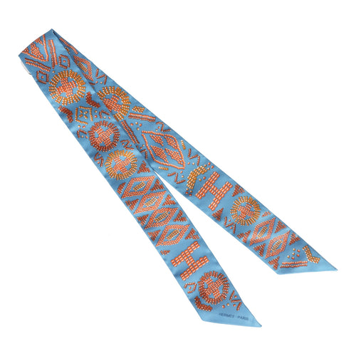 Hermes "Kelly En Perles" Bleu Azur Silk Twilly Pair