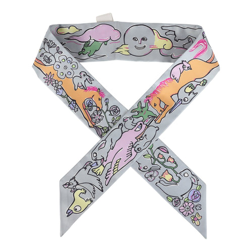 Hermes "Mille et Un Lapins" Gris Perle Silk Twilly Pair