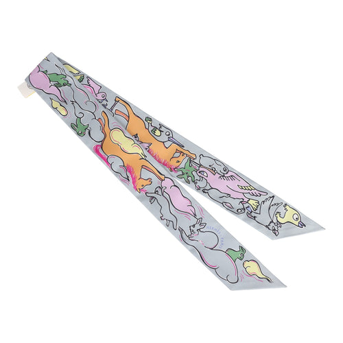 Hermes "Mille et Un Lapins" Gris Perle Silk Twilly Pair