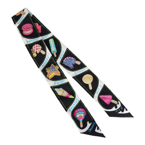 Hermes "Funny Ice Cream" Black Multi Silk Twilly Pair