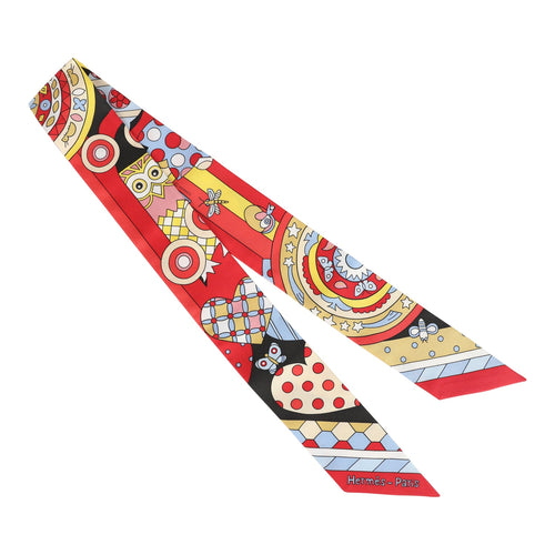 Hermes "Les Murmures De La Foret" Rouge and Ebene Multi Silk Twilly Pair