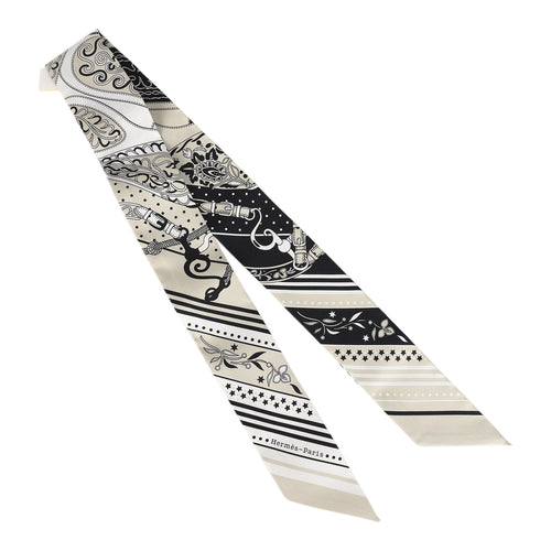 Hermes "Festival Des Amazones" Blanc, Black and Grege Multi Silk Twilly Pair