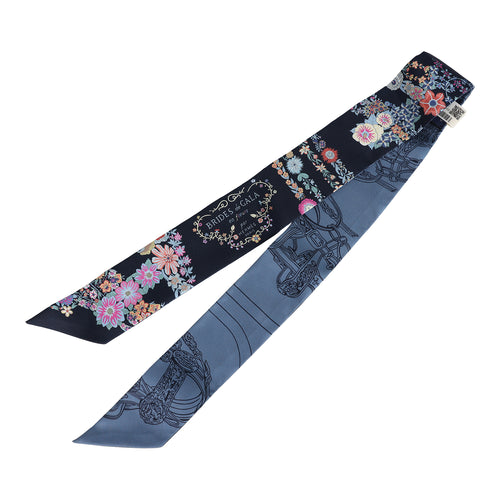 Hermes "Brides de Gala En Fleur" Marine, Blue Jean and Rose Multi Silk Twilly Pair