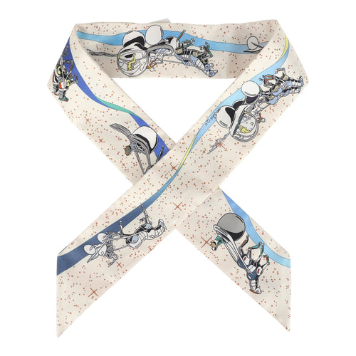 Hermes "Space Derby" Creme and Bleu Multi Silk Twilly Pair