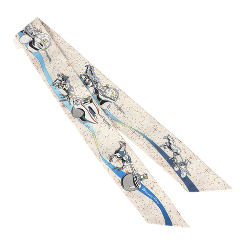 Hermes "Space Derby" Creme and Bleu Multi Silk Twilly Pair