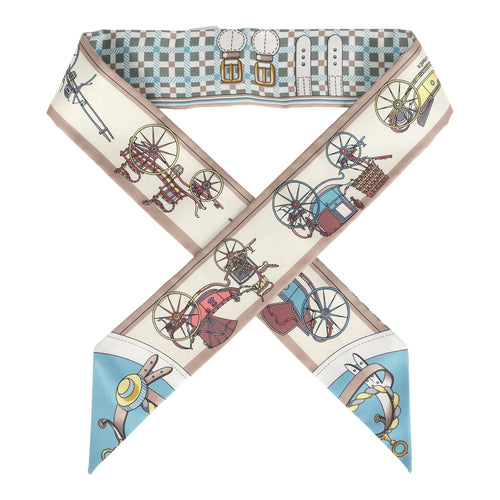 Hermes "Les Voitures Nouvelle" Vert Amande, Bleu Glacier and Beige Silk Twilly