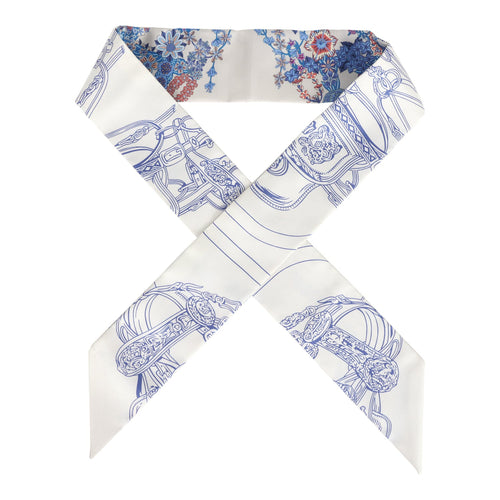 Hermes "Brides de Gala En Fleur" Gris Perle and Bleu Jean Multi Silk Twilly