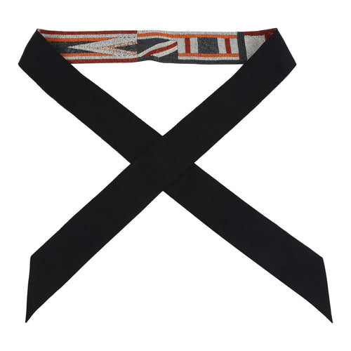 Hermes "Tresses H" Embroidered Black, Rouge H and Argent Silk Twilly