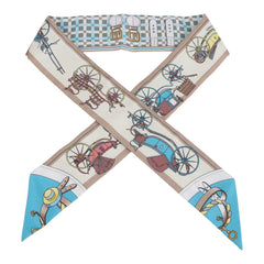 Hermes "Les Voitures Nouvelle" Vert Amande, Bleu Glacier and Beige Silk Twilly