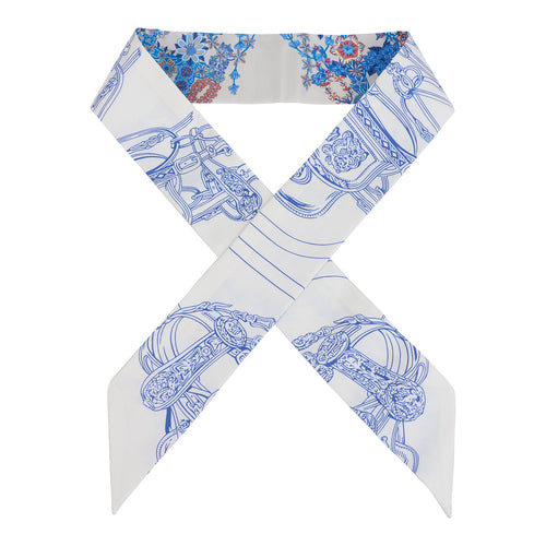 Hermes "Brides de Gala En Fleur" Gris Perle and Bleu Jean Multi Silk Twilly