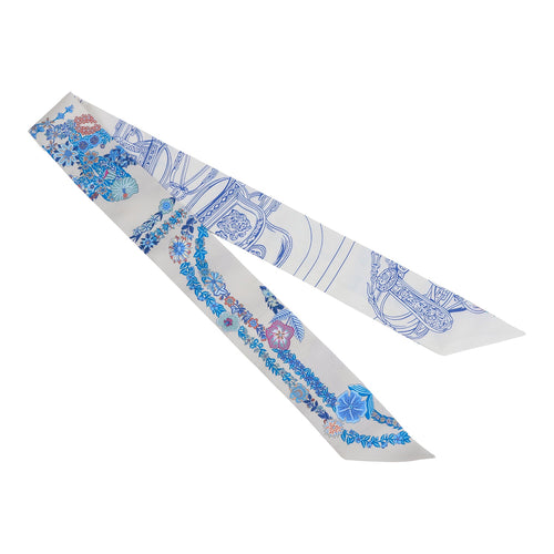 Hermes "Brides de Gala En Fleur" Gris Perle and Bleu Jean Multi Silk Twilly