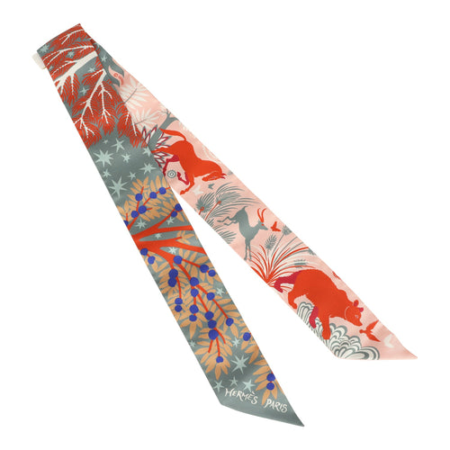 Hermes "Sous Le Charme D' Orphee" Gris Acier, Rose Poudre and Violet Silk Twilly Pair