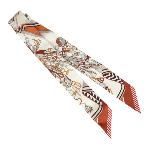 Hermes "Bouquets Sellier" Blanc, Alezan and Etoupe Multi Silk Twilly Pair