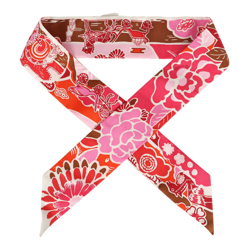 Hermes "Bingata" Fuchsia, Coral and Brun Multi Silk Twilly Pair