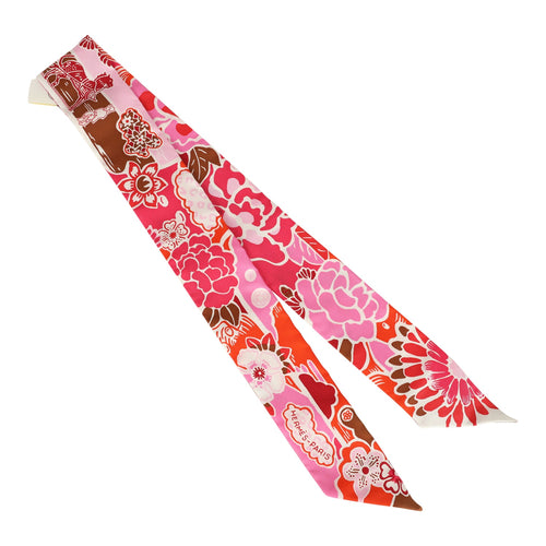 Hermes "Bingata" Fuchsia, Coral and Brun Multi Silk Twilly Pair