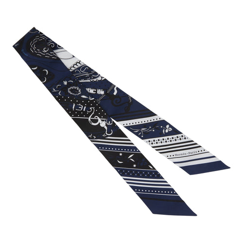 Hermes "Festival Des Amazones" Blanc, Black and Marine Multi Silk Twilly Pair