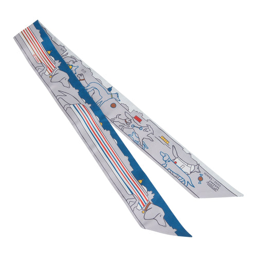 Hermes "Les Chiens Parisiens" Jaune, Gris Perle and Bleu Multi Silk Twilly Pair