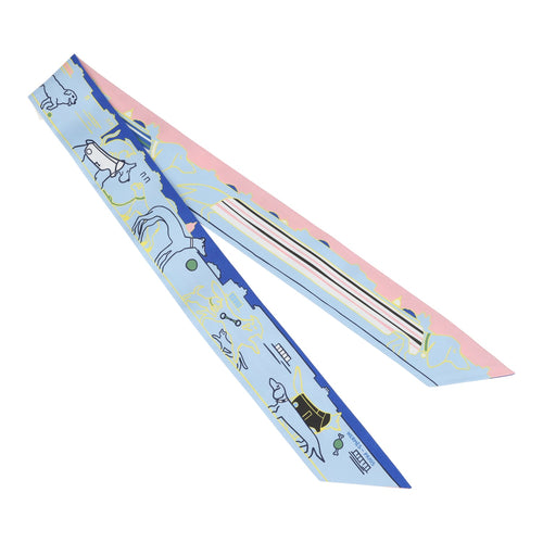 Hermes "Les Chiens Parisiens" Jaune, Bleu Ciel and Rose Multi Silk Twilly Pair