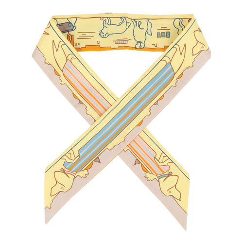 Hermes "Les Chiens Parisiens" Jaune, Orange and Vert Multi Silk Twilly