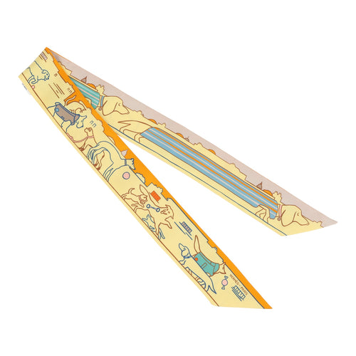 Hermes "Les Chiens Parisiens" Jaune, Orange and Vert Multi Silk Twilly