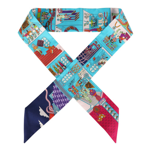 Hermes "La Maison Des Carres" Bleu Azur, Marine and Rose Indien Multi Silk Twilly