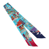 Hermes "La Maison Des Carres" Bleu Azur, Marine and Rose Indien Multi Silk Twilly