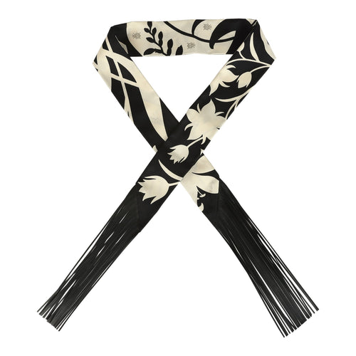 Hermes "Bouquet Final" Cream and Black Fringe Silk Twilly