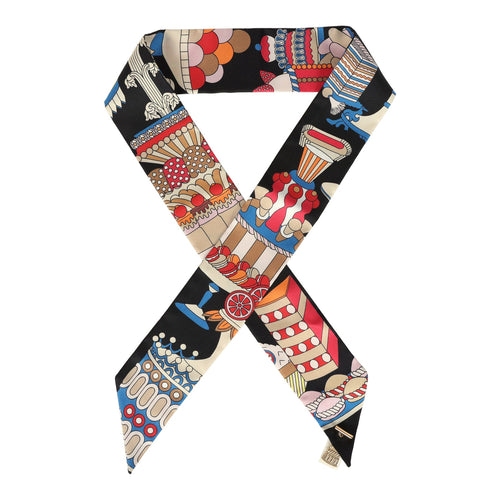 Hermes "La Patisserie Francaise" Black, White and Bleu Silk Charm Twilly