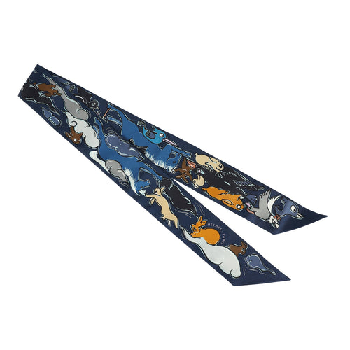 Hermes "Mille et Un Lapins" Marine, Cobalt and Miel Silk Twilly
