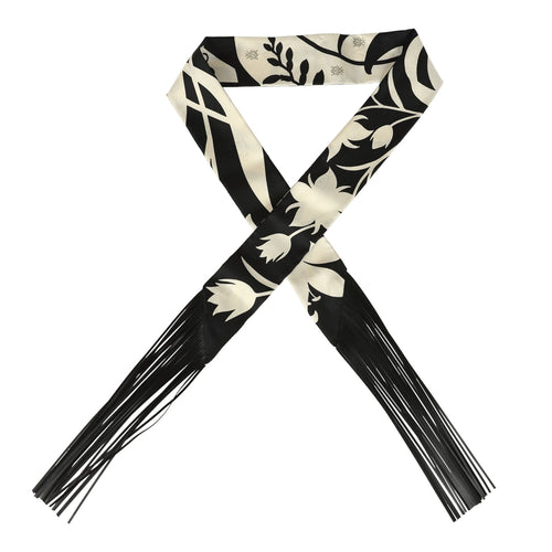 Hermes "Bouquet Final" Cream and Black Fringe Silk Twilly