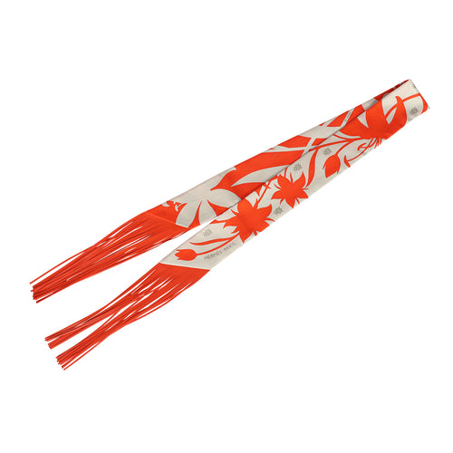 Hermes "Bouquet Final" Gris Perle and Vermillon Fringe Silk Twilly