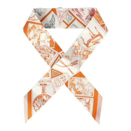 Hermes "Le Philateliste Du Faubourg" Orange Cuit, Gris and Corail Multi Silk Twilly Pair
