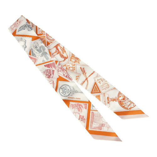 Hermes "Le Philateliste Du Faubourg" Orange Cuit, Gris and Corail Multi Silk Twilly Pair