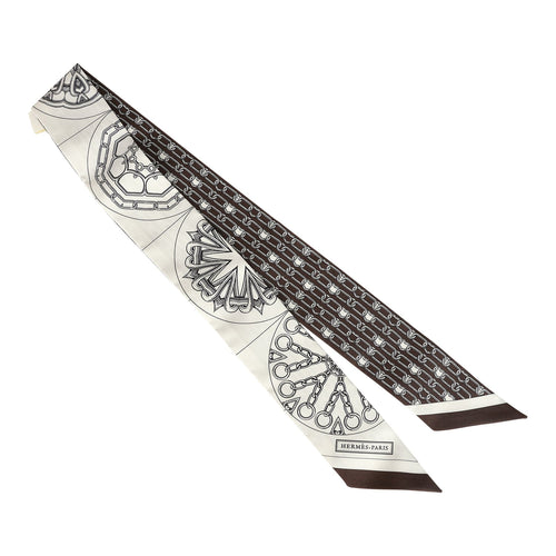 Hermes "L' Effet Kaleidoscope" Blanc, Anthracite and Marron Multi Silk Twilly Pair