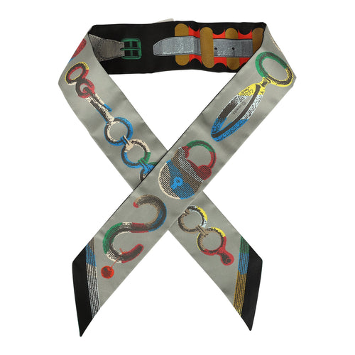 Hermes "Inventaire Poetique De Brides A Bloc" Black, Vert, Rouge Multi Silk Twilly Pair