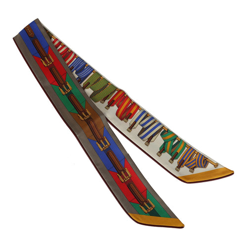 Hermes "Les Sangles" Forever Vert, Miel and Rouge Multi Silk Twilly Pair