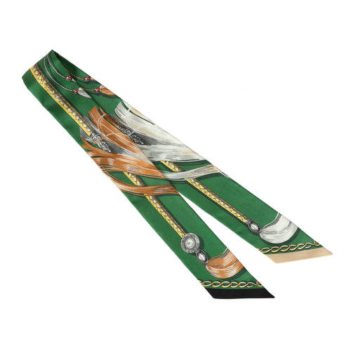 Hermes "Cavalcades" Vert and Dore Multi Silk Twilly