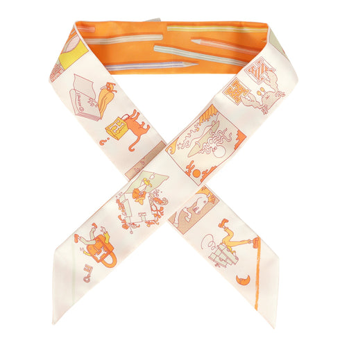 Hermes "A Vos Crayons et Carre" Mandarine, Vert Amande, Jaune Multi Silk Twilly Pair