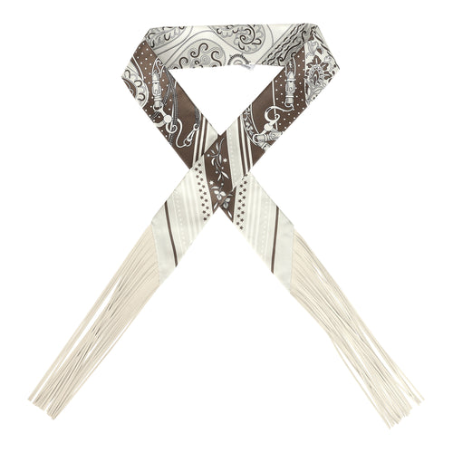 Hermes "Festival des Amazones" Craie, Brun Silk and Leather Fringe Twilly